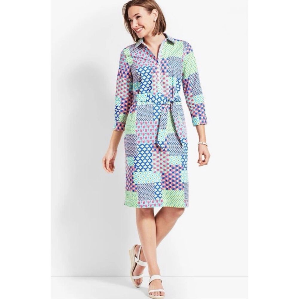 Talbots Island Patchwork Button Up Blue Pink Floral Shirt Dress Size 16 No Belt